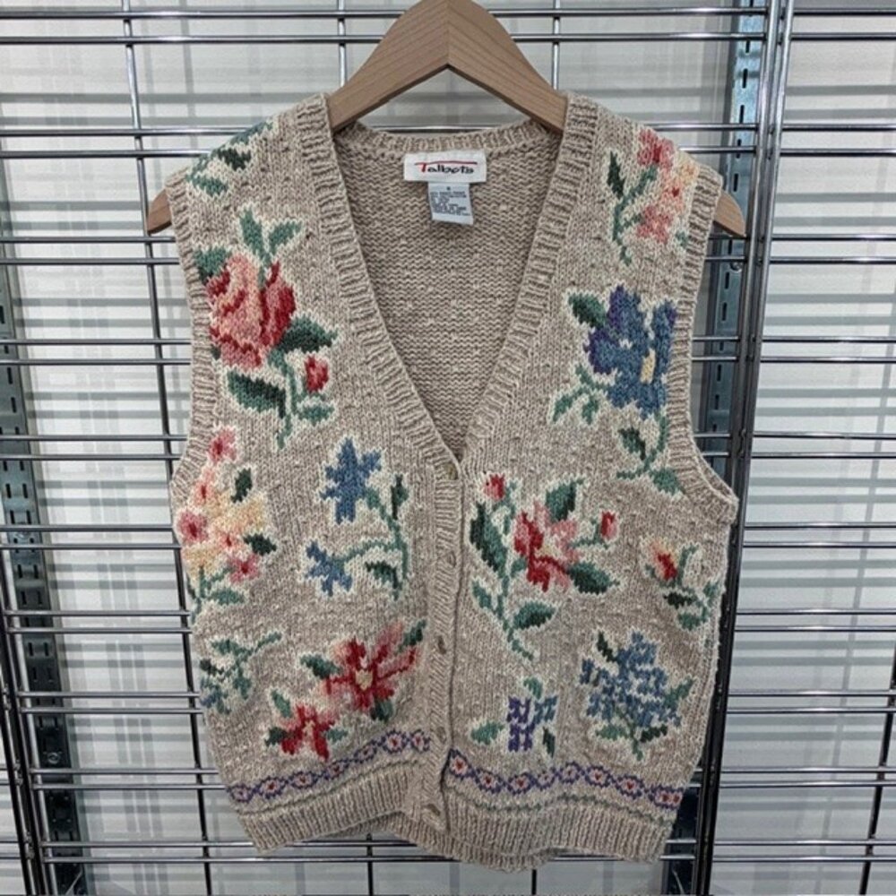 Talbots Cotton Blend Beige Floral Sweater Vest size S